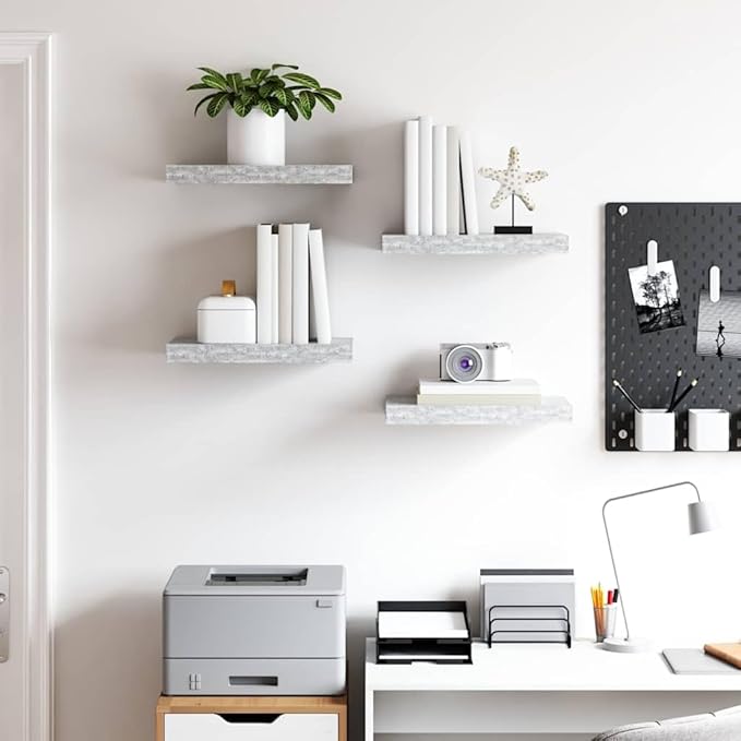 Floating Wall Shelves Set of 4, Concrete Gray Modern Invisible Mounting Display Shelves for Living Room Bedroom, 15.7x9.1 Inches, Durable MDF and Metal Frame, Easy Installation, Holds 11 lbs Each