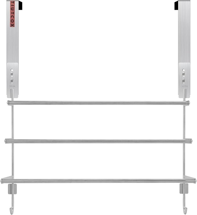 Over The Door Towel Rack, 304 Stainless Steel Towel Racks for Bathroom with 3-Tier Adjustable Pole, 2 Punch-Free Screw Stickers, 22.83 * 17.71-29.52 * 6.14 Inch, Silver