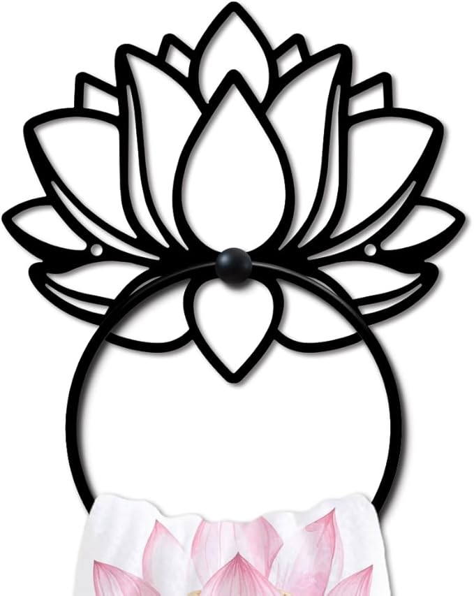 MAYJOYDIY Lotus Flower Metal Towel Ring Holy Lotus Towel Holder Plant Wall Decor Towel Hanger Black Art Towel Rack Wall Mounted for Bathroom Kitchen Home Decors Gift