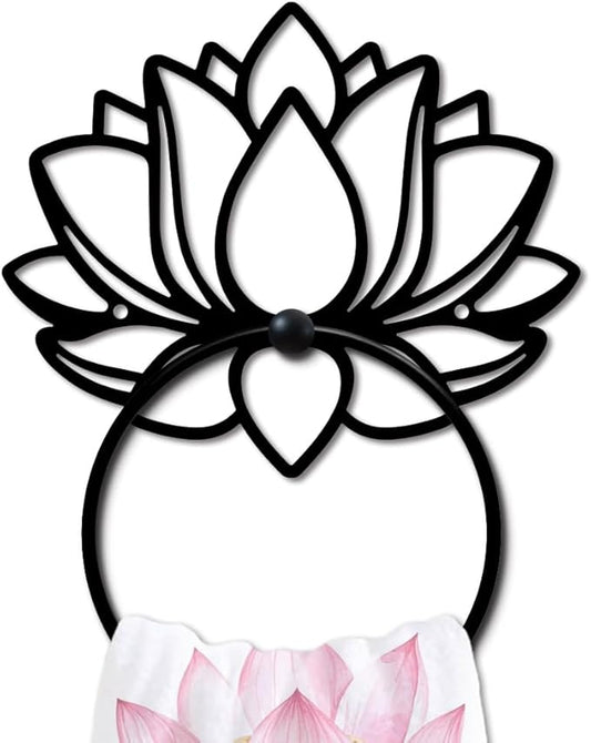 MAYJOYDIY Lotus Flower Metal Towel Ring Holy Lotus Towel Holder Plant Wall Decor Towel Hanger Black Art Towel Rack Wall Mounted for Bathroom Kitchen Home Decors Gift