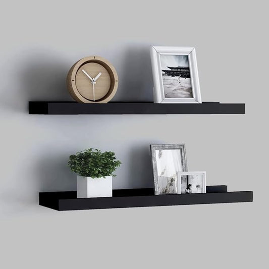 Picture Frame Ledge Shelves 2 Pack Black Wall Mounted Display Shelves 23.6 Inches MDF Board Photo Display Ledges for Living Room Bedroom Decor