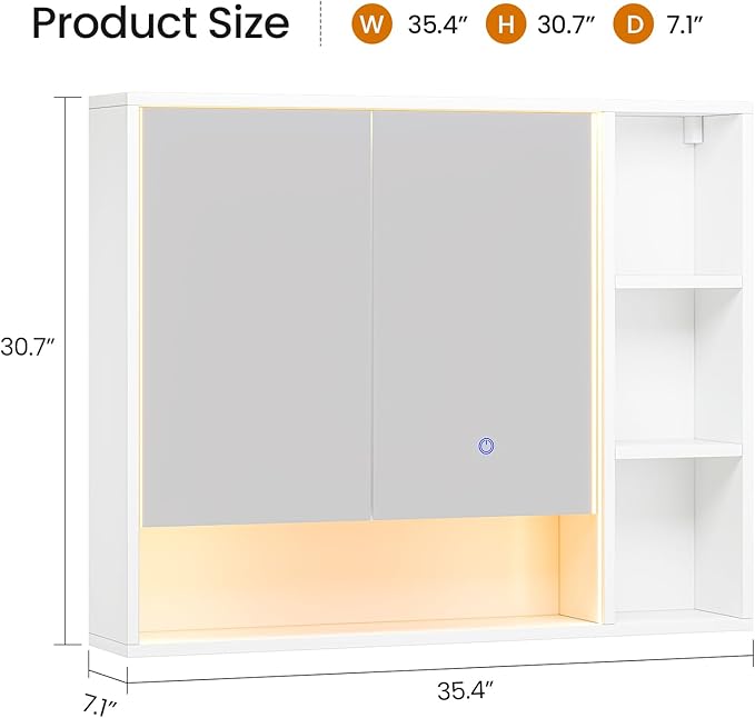 Hasuit Lighted Medicine Cabinet with Mirror and Shelves, Modern Bathroom Medicine Cabinet with Open Storage, Aluminum Channel LED Lights, 35.4'' x 30.7'', White