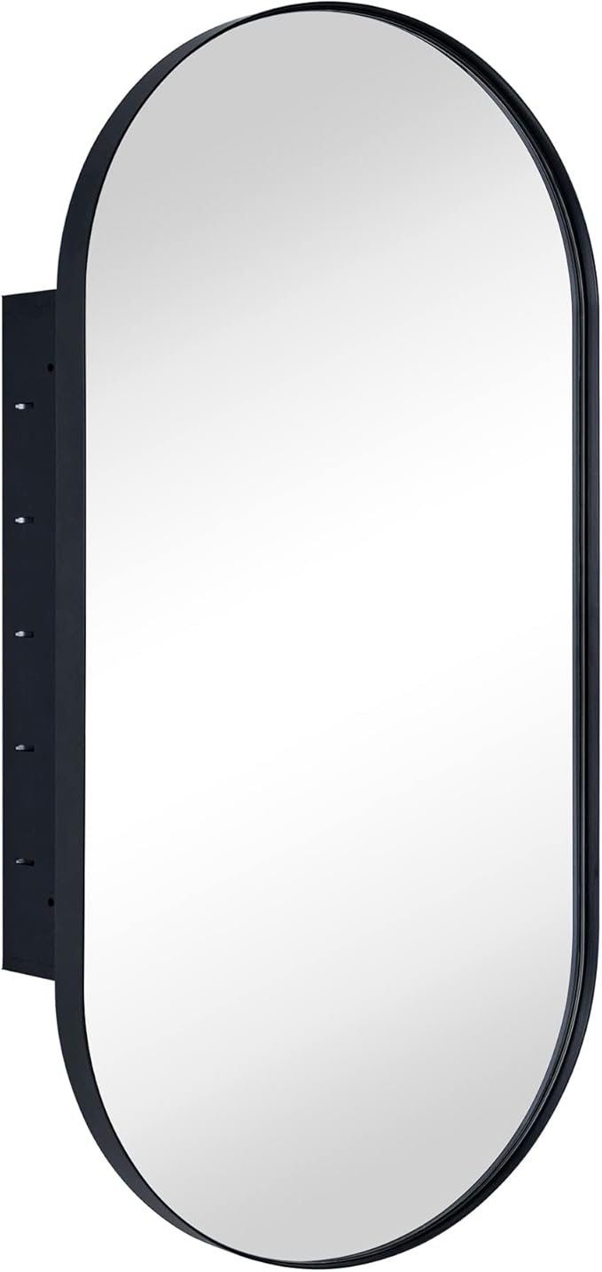 Matte Black Oval Recessed Bathroom Medicine Cabinet with Mirror Stainless Steel Metal Framed Oblong Pill Shaped Bathroom Cabinet with Mirror 16x33''
