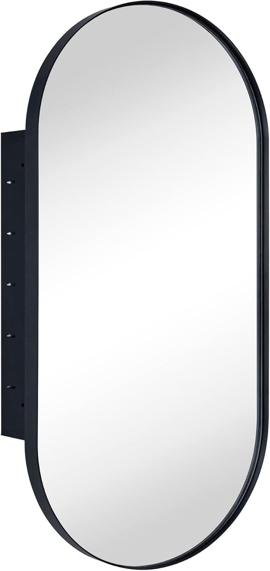 Matt Black Oval Recessed Bathroom Medicine Cabinet with Mirror Stainless Steel Metal Framed Oblong Pill Shaped Bathroom Cabinet with Mirror 16x33''