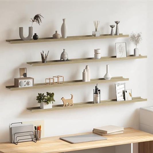 Wall Shelf Set of 4, 45.3 Inch Floating Shelves for Living Room Bedroom, Modern MDF Display Ledge Shelves for Books Photos Decor, White and Sonoma Oak
