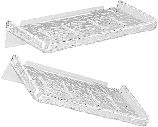 2pcs Floating Wall Shelf Bathroom Storage Rack Transparent Wave Pattern No-Drill Mount Organizer for Toothbrushes Cups Toothpaste Kitchen Bedroom