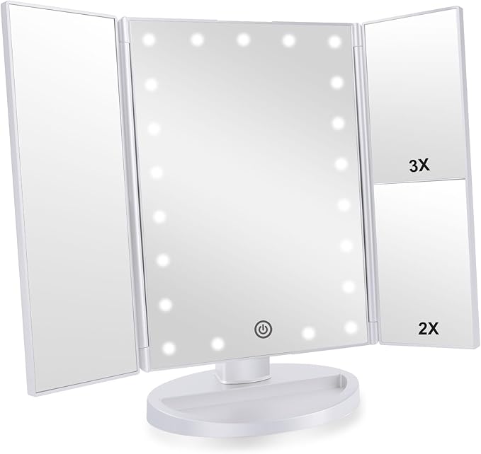 Infitrans Trifold Makeup Mirror Vanity Mirror with Lights,1X 2X 3X Magnification,Touch Control,Adjustable Rotation,Dual Power Supply,Portable Travel Cosmetic Mirror,Birthday Gifts for Women,Teengirls