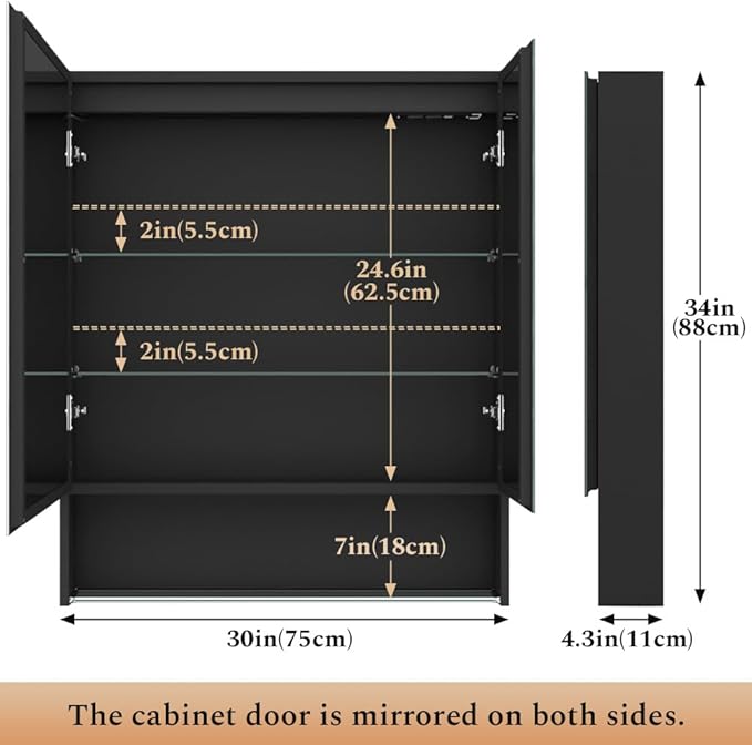 30"×34" Lighted Medicine Mirror Cabinet with Storage Adjustable Brightness 3 Color Temperature Lighting Anti-Fog Sturdy Aluminum Medicine Cabinet with Lights 2 Socket & 2 USB Ports & Adjustable Shelf