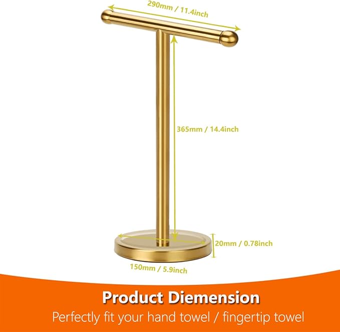 Gold Hand Towel Holder Stand with Heavy Stainless Steel Base, T-Shape Towel Rack, Free-Standing Towel Holder Countertop for Bathroom (Brushed Gold)