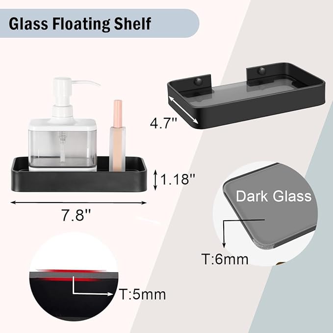 Z metnal Small Glass Bathroom Shelves, Matte Black Floating Shelf, Mini Wall Shelf Organizer, Wall Mounted (Dark Glass, 8 inch/20cm), 1 pcs