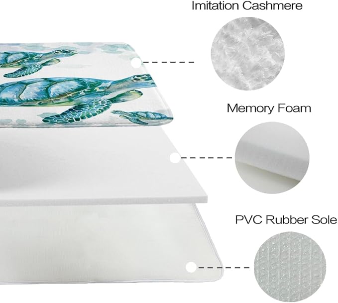 Beach Nautical Sea Turtle Bathroom Sets with Ocean Family Coral Shower Curtain and 20 x 31 Rugs Bathroom Accessories Sets Decor with Bath Rug, Bath Mat, U-Shaped Contour and Hooks 72 x 72 Inch Blue