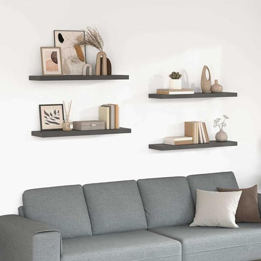 Set of 4 Floating Wall Shelves, High Gloss Grey Honeycomb MDF Decorative Display Ledge for Bedroom, Living Room, Office, 35.4 Inch Modern Storage