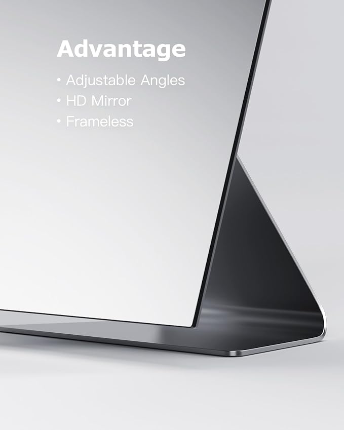 NEZZOE Rectangular Free-Standing Makeup Mirror, Frameless 1X Vanity Mirror with Adjustable Tilt, Metal Base, for Desk, Bathroom Countertop or Windowsill, 12 x 7 Inches