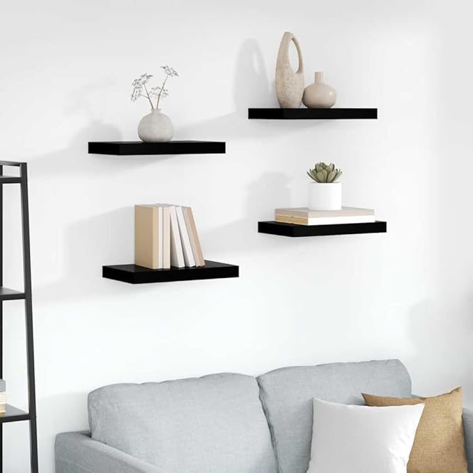 Floating Wall Shelves Set of 4, Modern High Gloss Black Display Shelves with Invisible Mounting, 15.7x9.1 Inches, for Living Room, Bathroom, Office Decor, Books, Plants, and Collectibles
