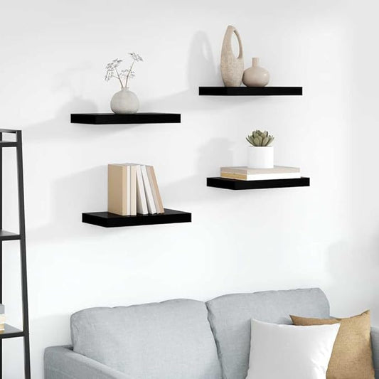 Floating Wall Shelves Set of 4, Modern High Gloss Black Display Shelves with Invisible Mounting, 15.7x9.1 Inches, for Living Room, Bathroom, Office Decor, Books, Plants, and Collectibles