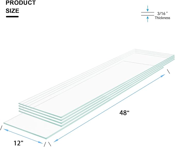 5 pcs - 12" x 48" Tempered Rectangle Glass Floating Shelve for Wall-3/16 Thick -Pencil Polished Float（Without Stent ）
