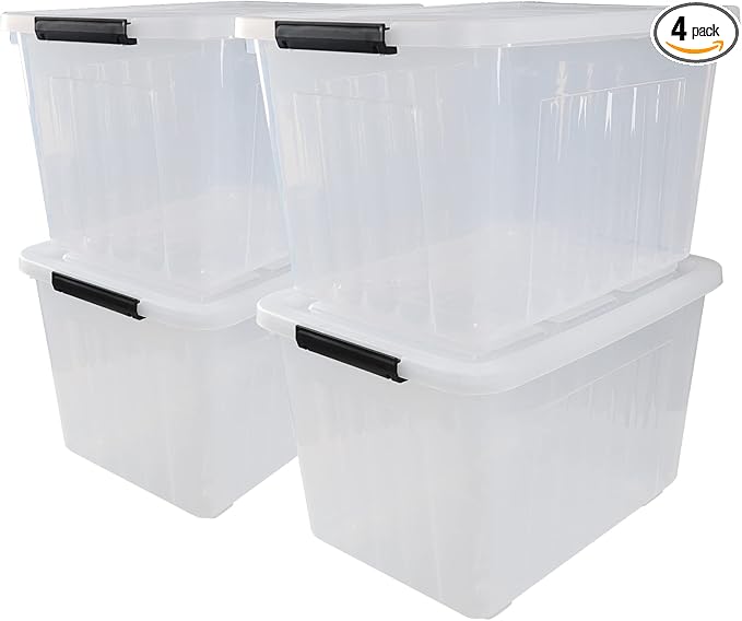 70 Qt Stackable Plastic Storage Bins with Lids, 4 Pack, See-Through Organizing Containers Box, Durable Nestable Containers Organize Shoes Closet Shelves Clothes Blankets Towels, Clear