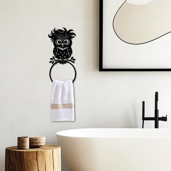 MAYJOYDIY Cute Owl Metal Towel Ring Round Cartoon Bird Hand Towel Holder Animals Ring Hanger Wall Mount Black Vintage Towels Wall Organizer for Kitchen Bath Home Laundry Room Decors Gifts