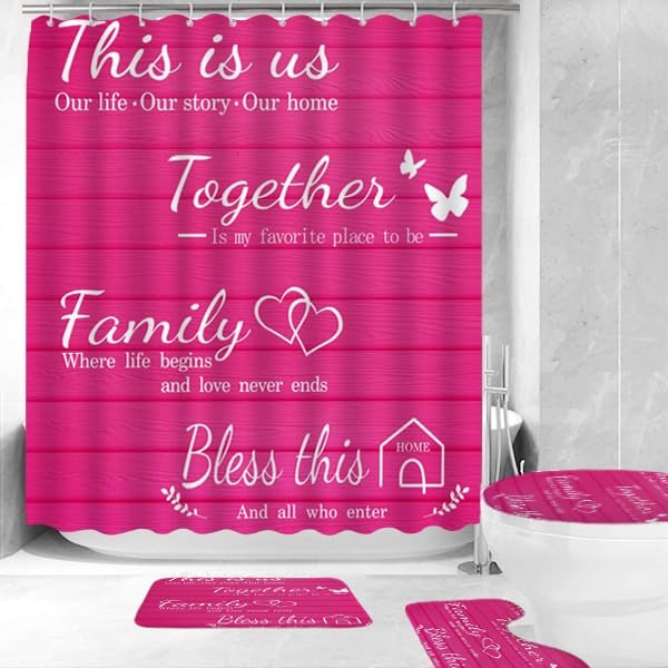 juwute 4Pcs Family Shower Curtain Sets with Non-Slip Rugs, Toilet Lid Cover and Bath Mat, Pink Home Bathroom Decor Set Accessories Waterproof Shower Curtains with 12 Hooks, 72 x 72 Inch