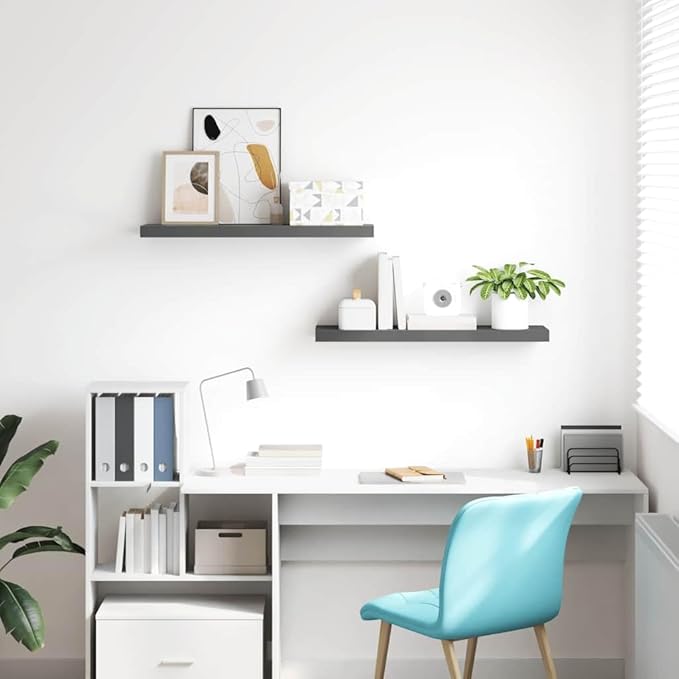 Set of 2 Floating Wall Shelves, 31.5 Inch Modern High Gloss Grey Storage Shelves with Metal Frame, Decorative Display Ledge for Living Room, Bedroom, and Office