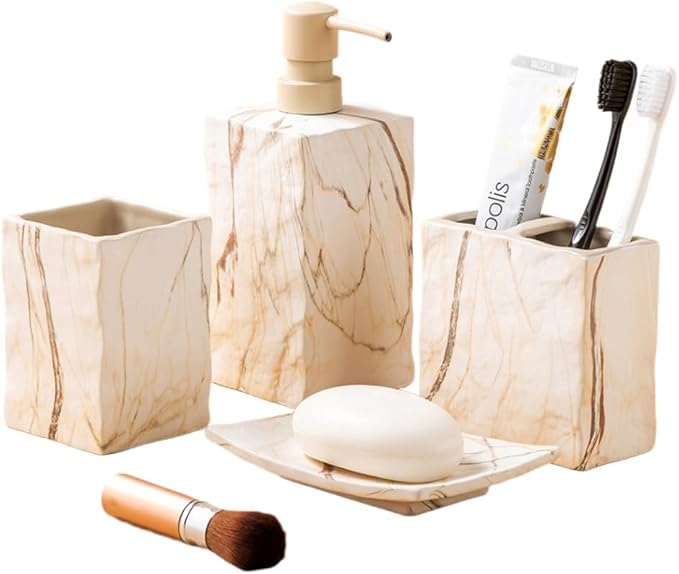 RQYIXI Bathroom Accessories Set 4 Pieces Toothbrush Holder Soap Dispenser Ceramic Bathroom Decor Set Contain Toothbrush Cup Soap Dish Tumbler Marble Brown