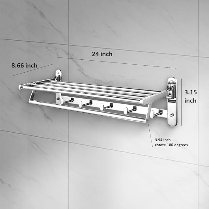 Roshan Handcrafted and Hand Polished Multi Purpose Towel Rack, Rust Proof and Peel Resistant Towel Shelf, Includes 2 Handmade Hooks (3, Silver)
