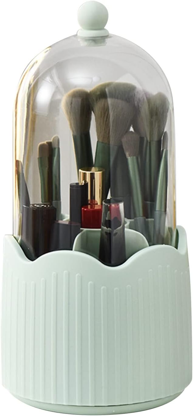Makeup Brush Holder Organizer with Lid, Cosmetic Tools Organizer 360 Rotating Make up Brushes Storage for Vanity, Transparent & Dustproof (Mint Green)
