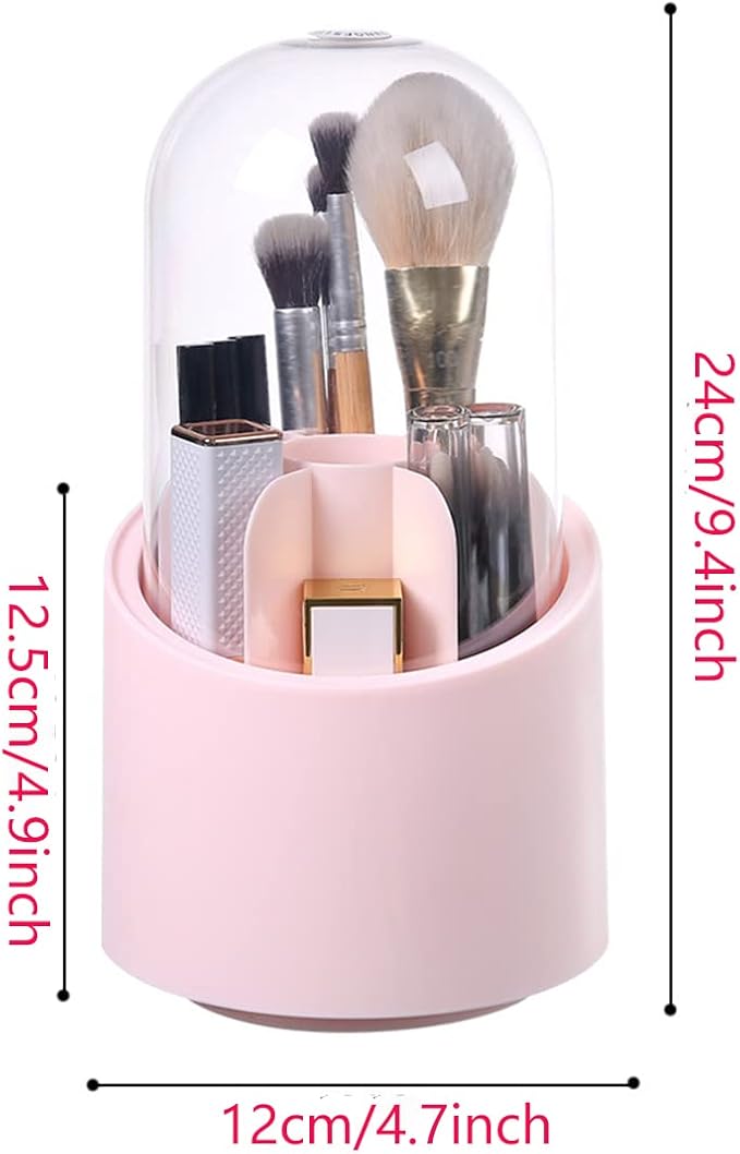 GBSTORE Makeup Brushes Holder Organizer with Clear Lid,360 Degree Rotating Makeup Brush Storage Container Dustfree Cosmetic Display Case Holder for Bathroom Countertop Vanity Desktop (Pink)