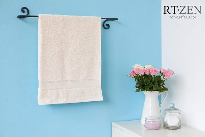 RTZEN Farmehouse Bathroom Towel Holder - Wrought Iron Matte Metal Black Towel Bar Wall Mount Rod - Handmade Home Decor Metal Kitchen Hanger Bar (24'' - Fits 24 Inch Towels)