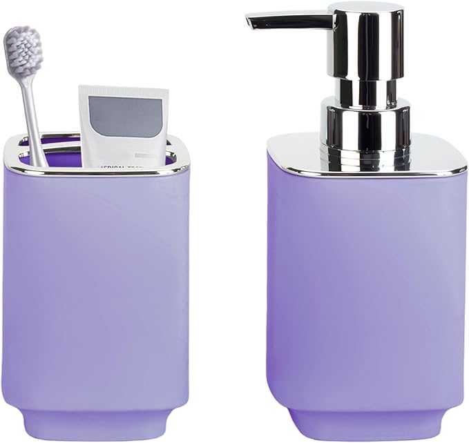 Purple Bathroom Accessories 2 Pieces, Soap Dispenser and Toothbrush Holder Set for Boho Bathroom