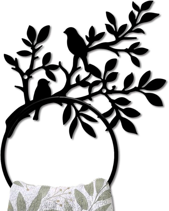 MAYJOYDIY Branch Bird Metal Towel Ring Tree Animal Towel Holder for Wall Leafy Plants Towel Ring Black Plant Towel Rack Wall Mounted for Bathroom Kitchen Towel Hanger Home Decors Gift