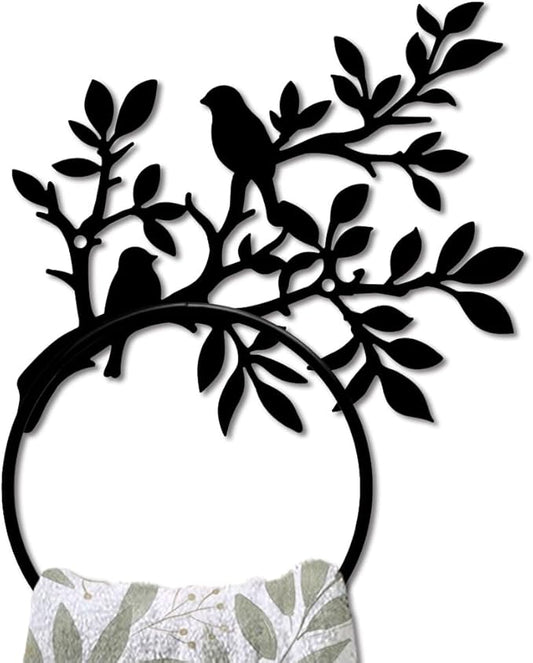 MAYJOYDIY Branch Bird Metal Towel Ring Tree Animal Towel Holder for Wall Leafy Plants Towel Ring Black Plant Towel Rack Wall Mounted for Bathroom Kitchen Towel Hanger Home Decors Gift