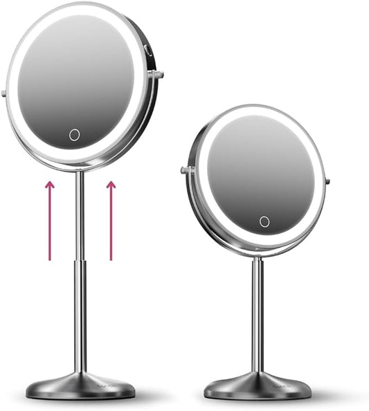 Fancii 9-Inch Lighted Makeup Mirror Height Adjustable with 10X /1X Magnification - Rechargeable, Double Sided LED Vanity Mirror with Light and Stand, 360° Swivel