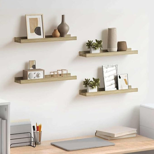 Set of 4 Floating Wall Shelves, 15.7 inch Sonoma Oak MDF Display Shelves for Living Room Bedroom, Modern Minimalist Storage Ledge for Books Plants Decorations