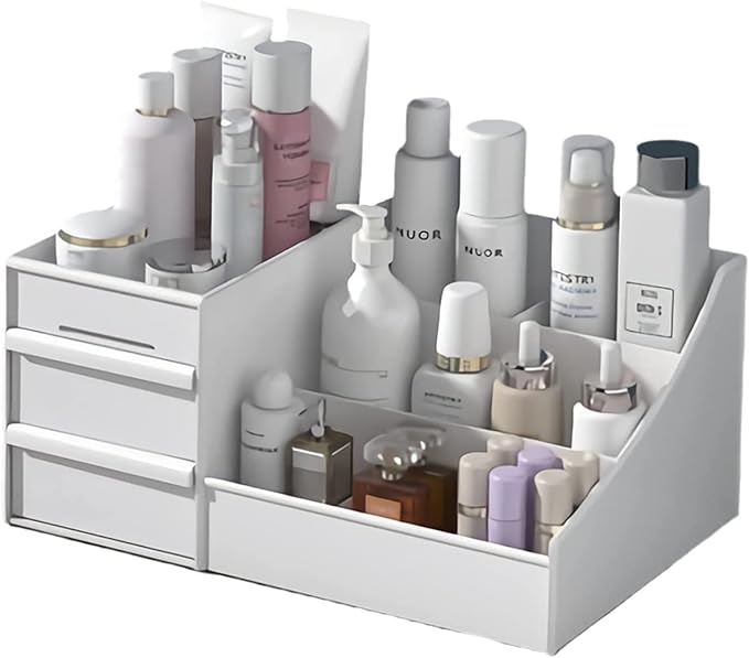 Makeup Desk Cosmetic Storage Box Organizer with Drawers for Dressing Table, Vanity Countertop, Bathroom Counter, Elegant Holder Brushes, Eyeshadow, Lipstick & Nail Polish, White