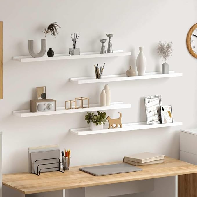 Set of 4 Floating Wall Shelves, 31.5 Inch Modern MDF Display Ledges for Living Room, Bedroom, and Office, Decorative Wall Mounted Storage for Books and Decor, White