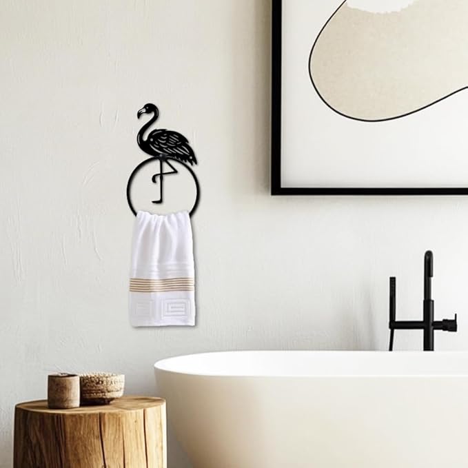MAYJOYDIY Flamingo Metal Towel Ring Rustic Flamingo Animal Towel Holder for Wall Bath Towel Ring Black Art Towel Rack Wall Mounted for Bathroom Kitchen Towel Hanger Home Decors Gift
