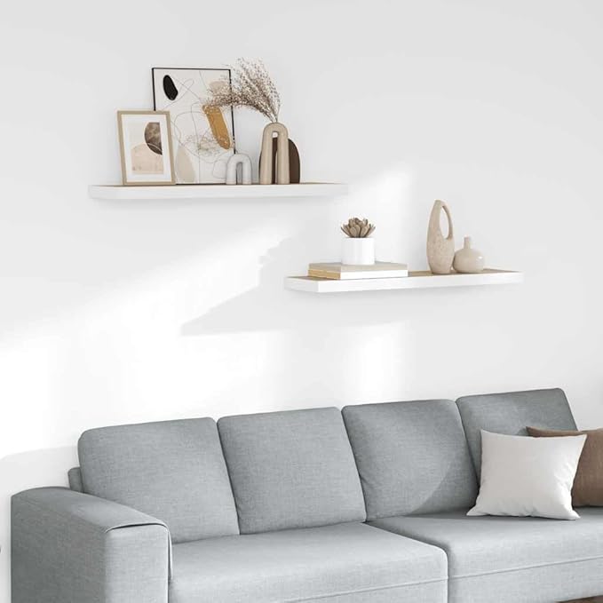 Floating Wall Shelves Set of 2, Invisible Mounting Modern Display Shelves for Living Room Bedroom, 31.5 Inch Oak and White MDF Board with Metal Frame, Holds 22lb Each for Decor Books Plants