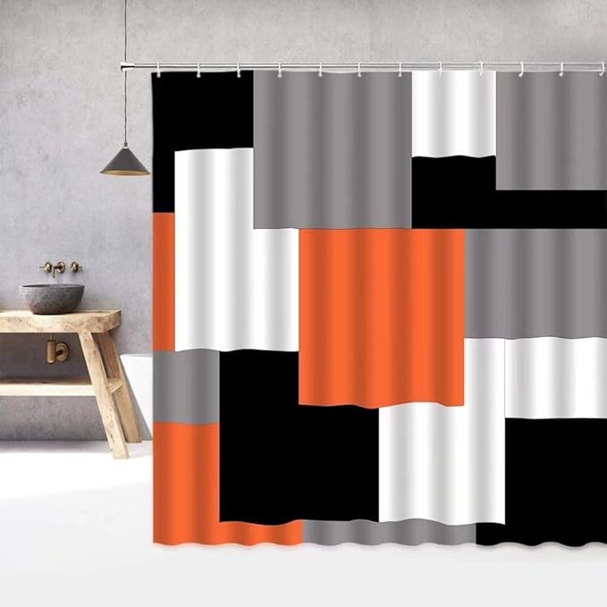 Yizheer 4Pcs Geometric Orange Modern Bathroom Shower Curtain Set with 12 Hooks Bath Mat Toilet Cover U Shaped Mat- PEVA Material, 72x72 Inches, Bathroom Curtain for Bathtub (Orange)