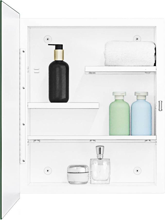 Fundin White Medicine Cabinet with 16 x 20 Beveled Mirror & Adjustable Staggered Shelves, Recessed or Surface Mount Bathroom Medicine Cabinet