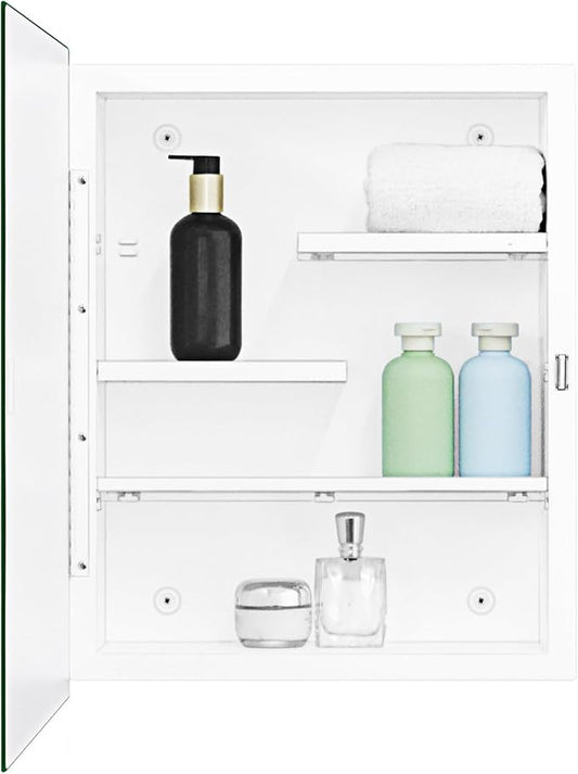 Fundin White Medicine Cabinet with 16 x 20 Beveled Mirror & Adjustable Staggered Shelves, Recessed or Surface Mount Bathroom Medicine Cabinet