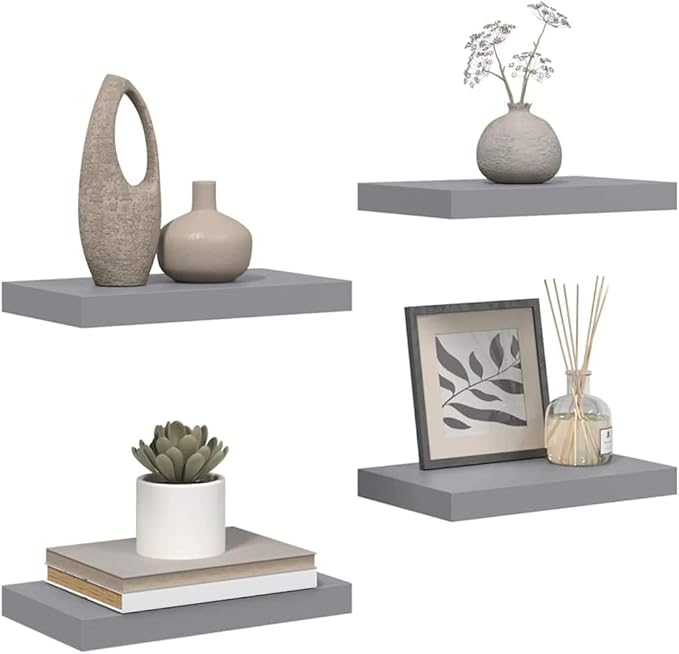 Set of 4 Floating Wall Shelves, Modern Gray Honeycomb MDF Display Shelves for Living Room, Bedroom, and Home Decor, 15.7-inch Wall-Mounted Storage Organizers