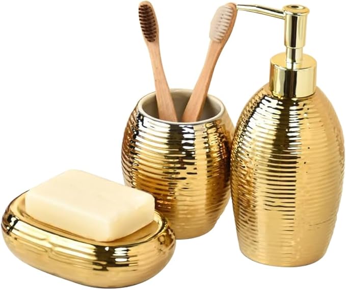 Gold Bathroom Accessory Set - 3 Piece Striped Style Decorative Ceramic Bathroom Accessories Sets with Lotion Soap Dispenser, Toothbrush Holder/Tumbler and Soap Dish, Golden Gift Set for New Home Decor