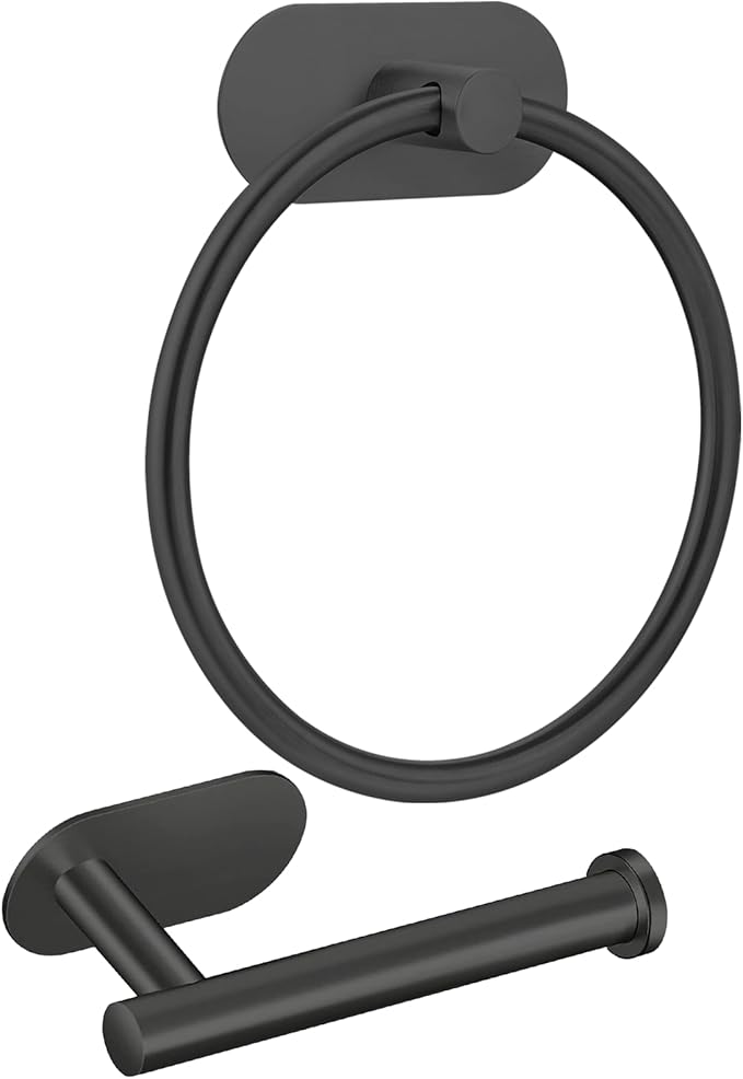 Self Adhesive Towel Ring and Toilet Paper Holder, No Drilling Stainless Steel Bathroom Hardware Set, Sturdy Bathroom Accessories for Home or Kitchen, Wall Mounted (Black)