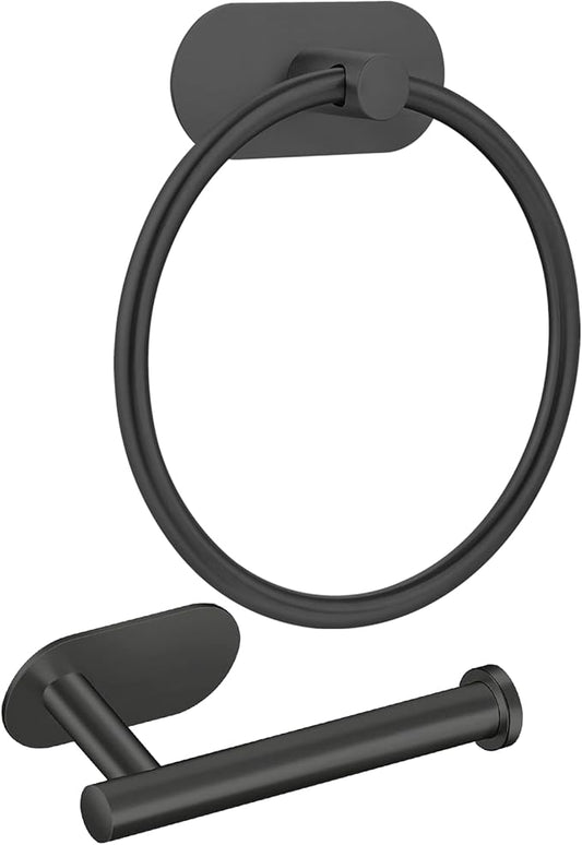 Self Adhesive Towel Ring and Toilet Paper Holder, No Drilling Stainless Steel Bathroom Hardware Set, Sturdy Bathroom Accessories for Home or Kitchen, Wall Mounted (Black)
