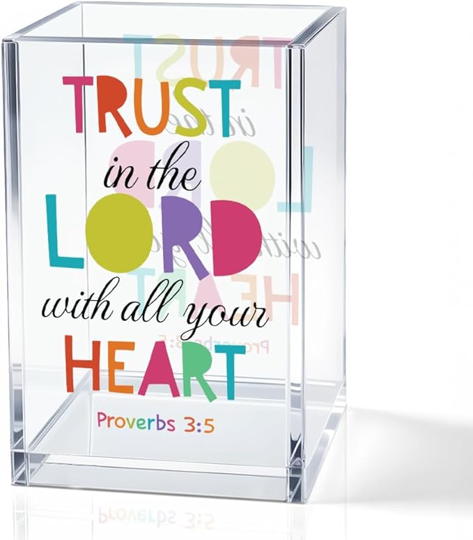 Trust In The Lord With All You Heart Acrylic Cosmetic Holder, Bible Verse Encouraging Makeup Brush Holder, Ideal for Jewelry Accessories Holding, Proverbs 3:5 Inspirational Gifts for Women Her