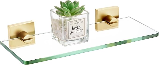 KOKOSIRI Wall Shelves 12 Inches Tempered Glass Shelf Floating Rack for Kitchen Storage Home Decor Bathroom Hardware, Gold Stainless Steel B1107BG-L12
