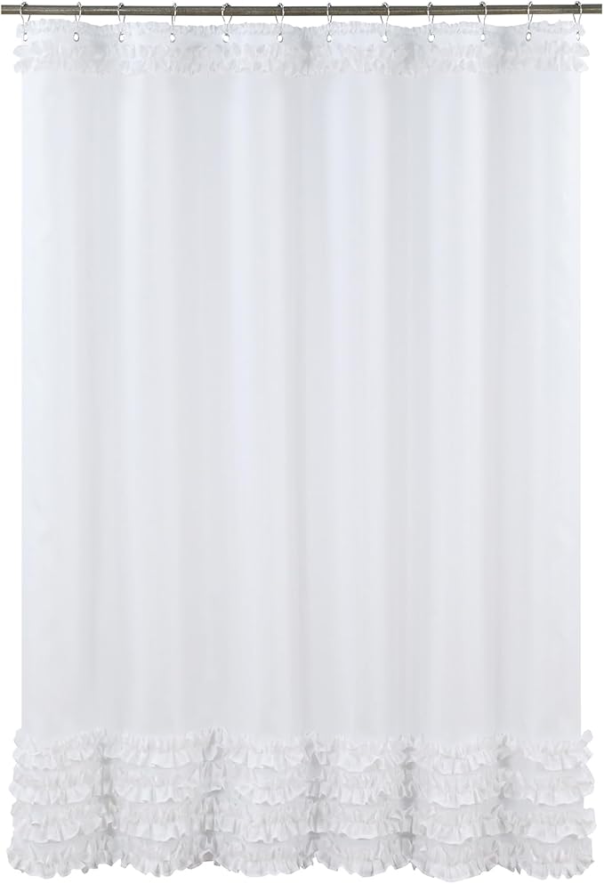 White Ruffle Shower Curtain, Girls Women Fabric Shower Curtain with Delicate Handcrafted Ruffles, Waterproof Ruched Farmhouse Decorative Bathroom Curtain, 72" W x 72" H