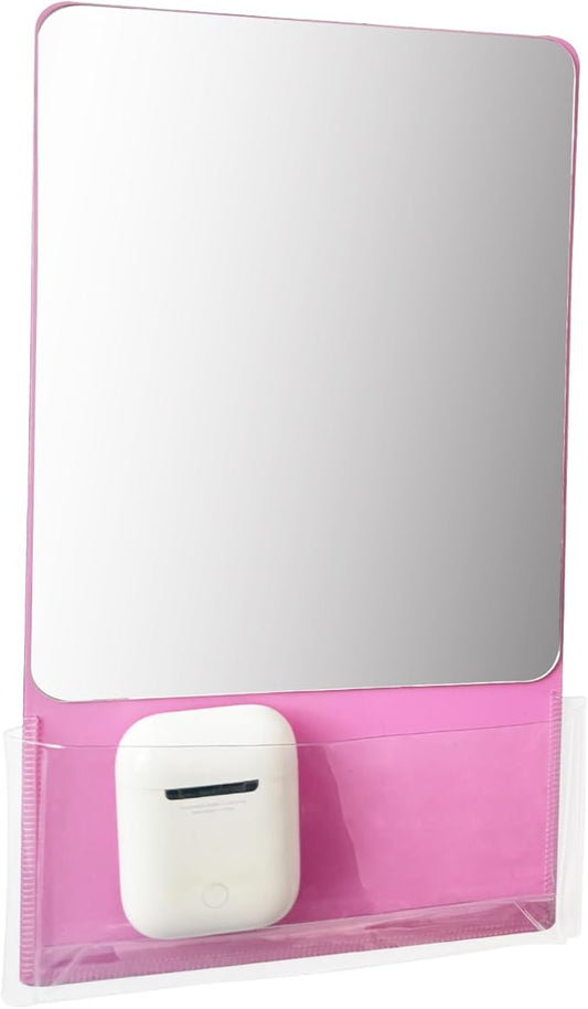 Magnetic Locker Mirror with Fully Magnetic Back, 9.45" x 5.51" Small Real Glass Super Clear Reflection Mirror with Storage Pocket for School Locker Refrigerator Office Cabinet -Pink, 1 Pc