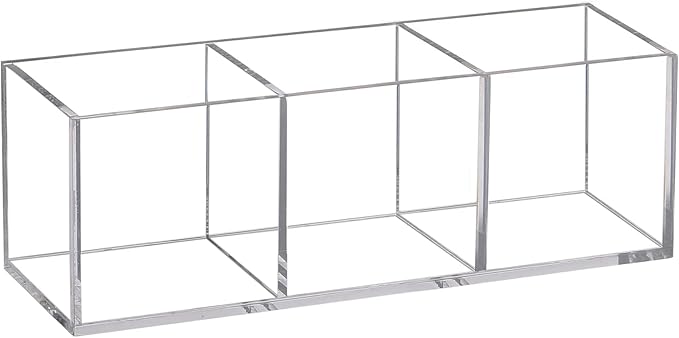 Acrylic Makeup Organizer 3 Section Clear 7.1x2.36x2.36 Inches Pen Holder 3 Compartments Pencil Organizer Cup Plastic Storage Organizer Plastic Square Cube for Makeup Jewelry Accessories